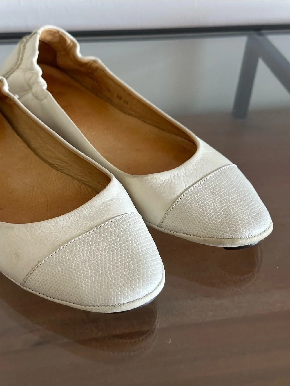 Peter Millar Dana Beige Lizard Cap Toe Ballet Flats Leather Made in Brazil